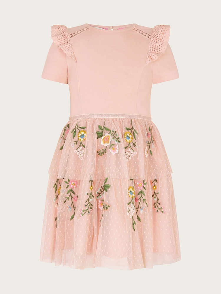 Monsoon Pink Short Sleeve Floral Print Embroidered Tulle Dress - Image 2 of 4
