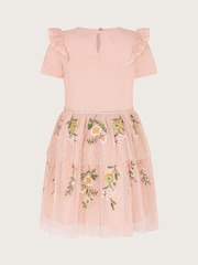 Monsoon Pink Short Sleeve Floral Print Embroidered Tulle Dress - Image 3 of 4