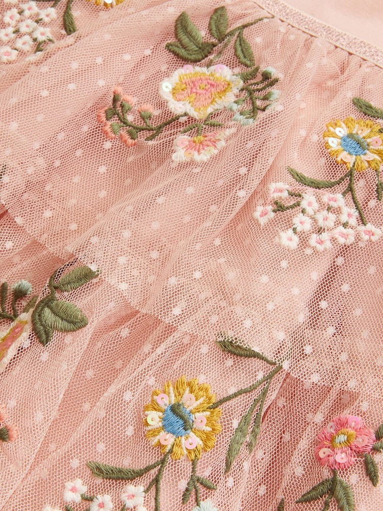 Monsoon Pink Short Sleeve Floral Print Embroidered Tulle Dress - Image 4 of 4