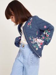 Monsoon Blue Floral Print Unicorn Quilted Bomber 100% Cotton Jacket - Image 1 of 4