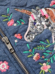 Monsoon Blue Floral Print Unicorn Quilted Bomber 100% Cotton Jacket - Image 4 of 4