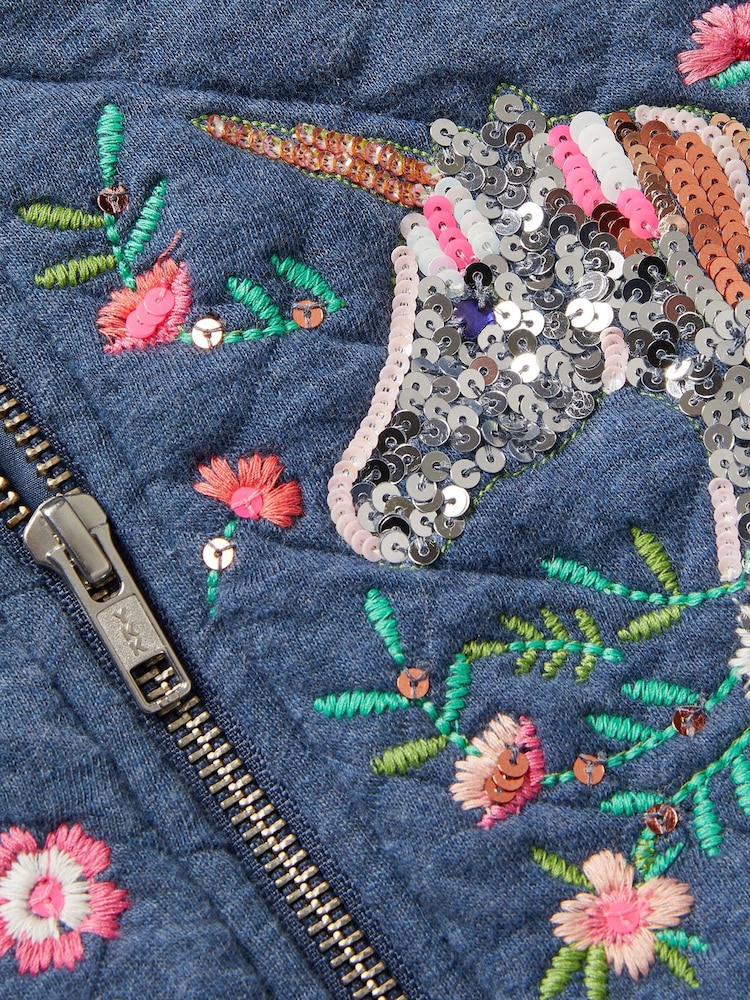 Monsoon Blue Floral Print Unicorn Quilted Bomber 100% Cotton Jacket - Image 4 of 4