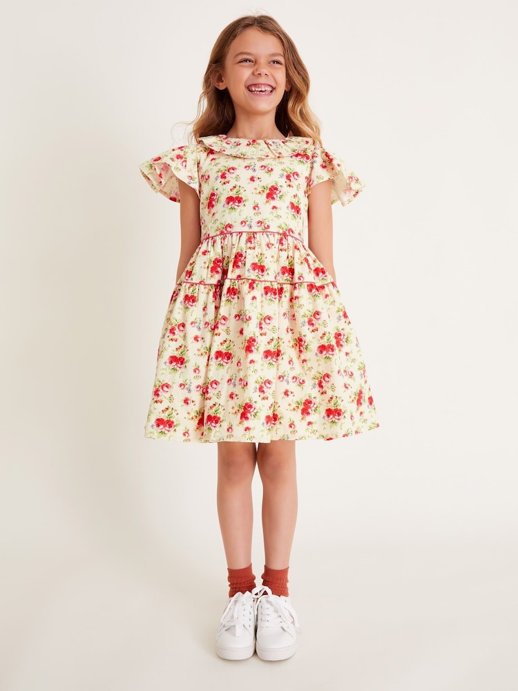 Monsoon Pink Frilly Short Sleeve Rose Print Dress - Image 1 of 4