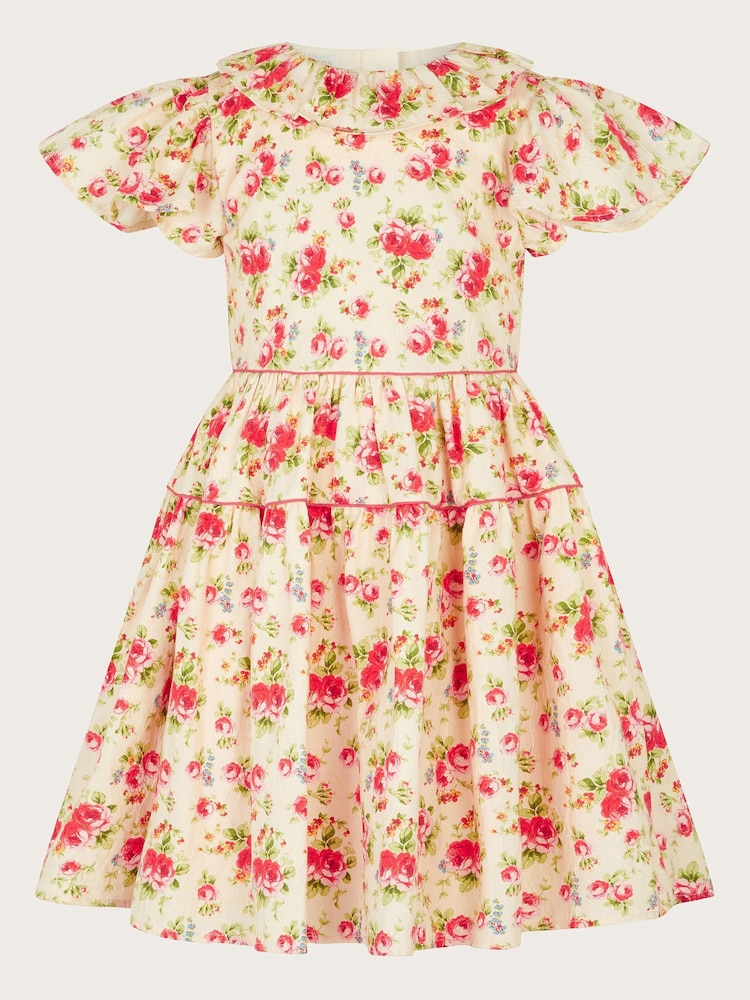 Monsoon Pink Frilly Short Sleeve Rose Print Dress - Image 2 of 4