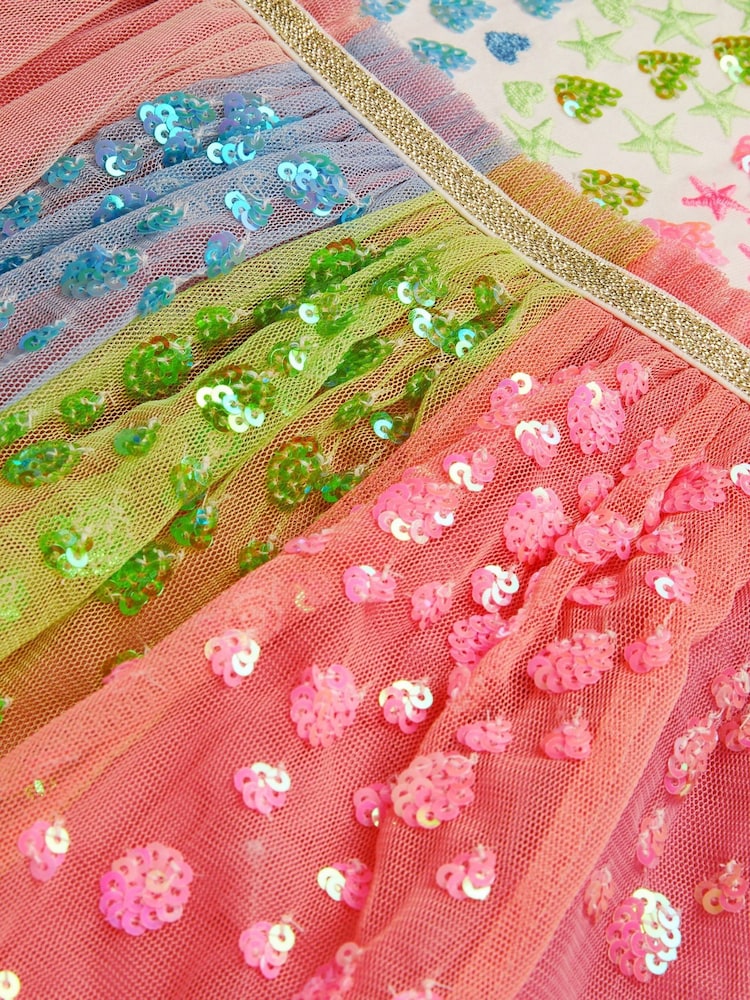 Monsoon Pink Sequin Rainbow Tulle Disco Dress - Image 4 of 4