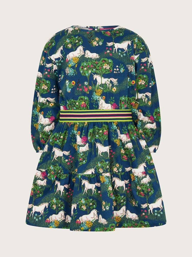 Monsoon Blue Unicorn Long Sleeve Jersey Dress - Image 2 of 4