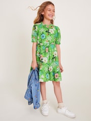 Monsoon Green Puff Sleeve Floral Print 100% Cotton Dress - Image 1 of 4
