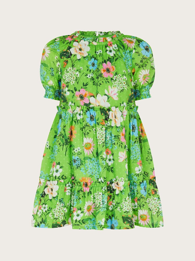 Monsoon Green Puff Sleeve Floral Print 100% Cotton Dress - Image 2 of 4