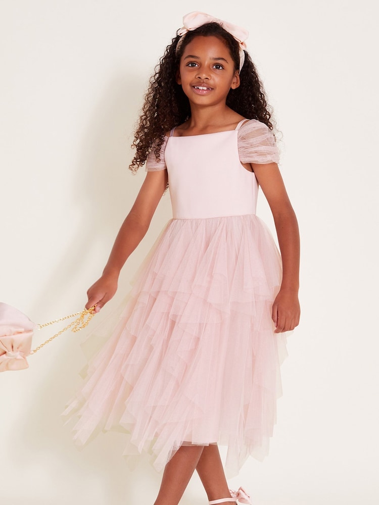 Monsoon Pink Scarlett Bardot Tulle Ruffle Dress - Image 1 of 4