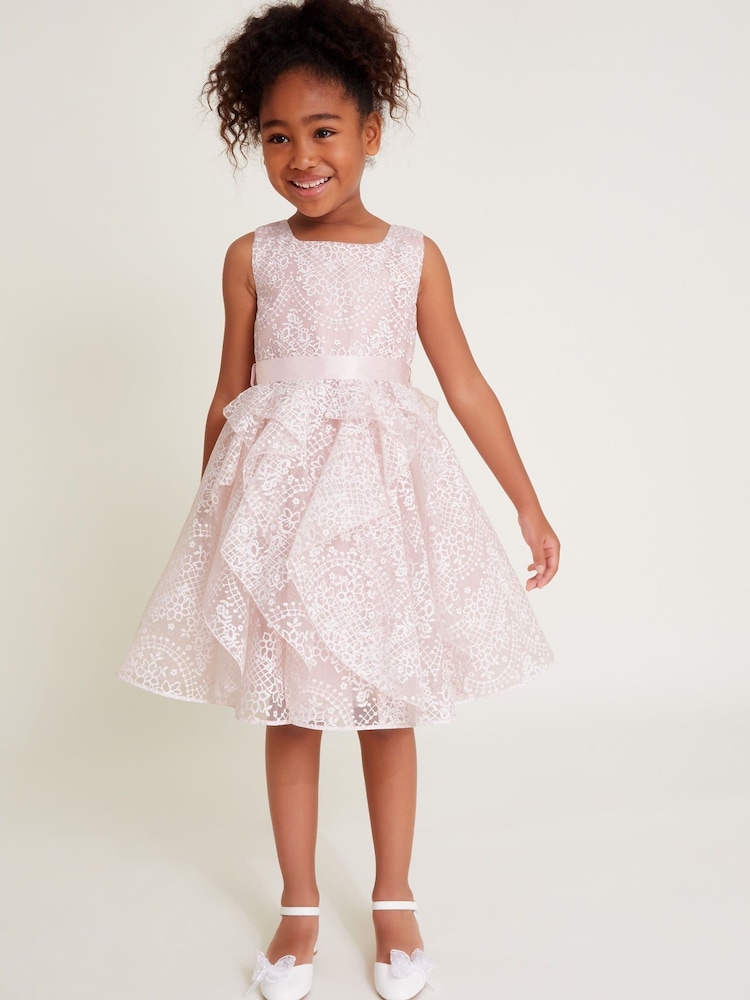 Monsoon Pink Illena Lace Print Ruffle Dress - Image 1 of 4