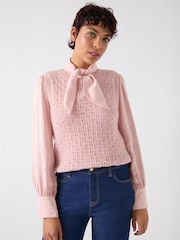 LK Bennett Pink Gaia Wool Blend Crew Pointelle Fluffy Knit Vest - Image 4 of 6