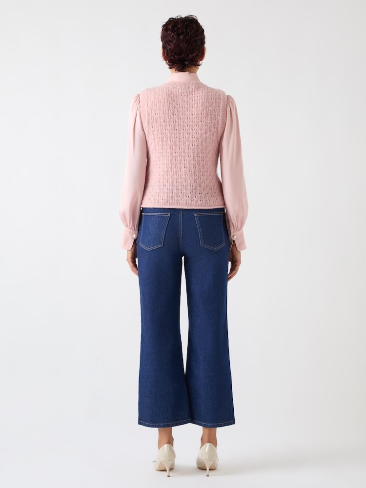 LK Bennett Pink Gaia Wool Blend Crew Pointelle Fluffy Knit Vest - Image 5 of 6