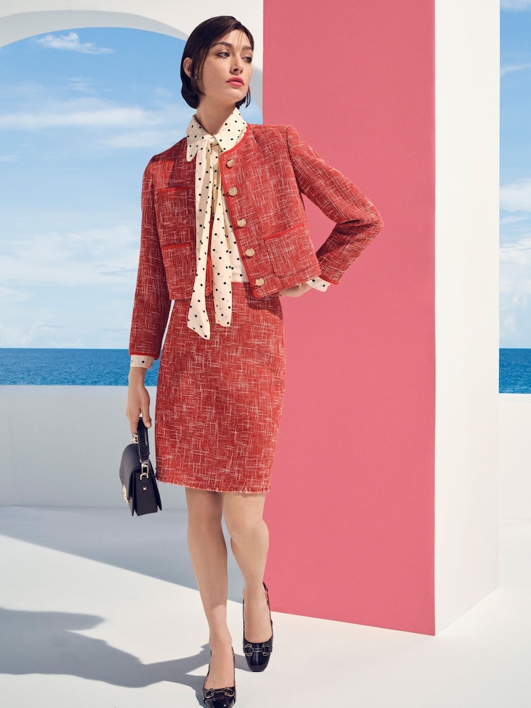 LK Bennett Red Alexa Red Cotton Blend Tweed Jacket With Plaited Trim - Image 1 of 5
