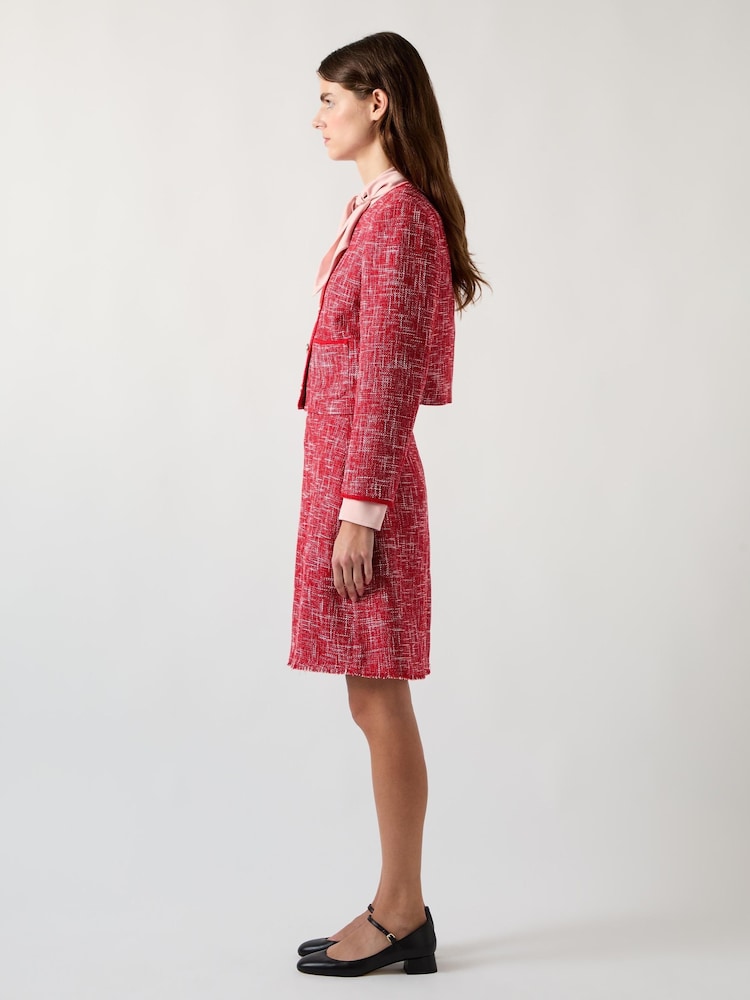 LK Bennett Red Alexa Red Cotton Blend Tweed Jacket With Plaited Trim - Image 4 of 5