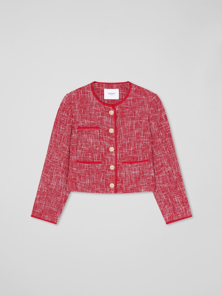 LK Bennett Red Alexa Red Cotton Blend Tweed Jacket With Plaited Trim - Image 5 of 5