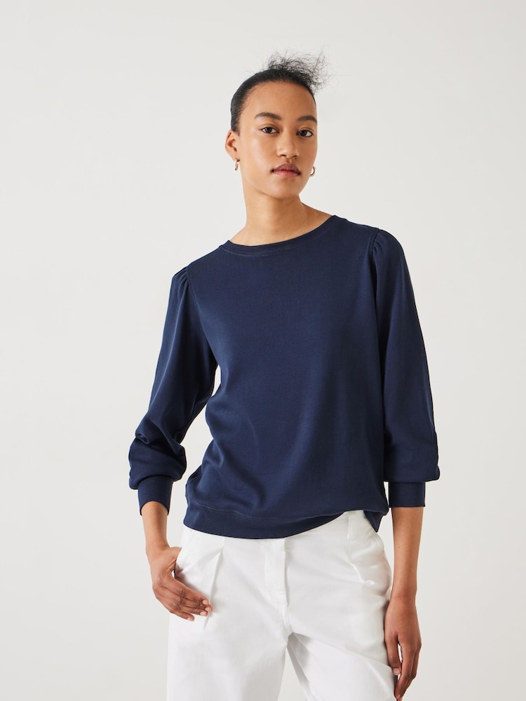 Hush Navy Blue Emily Puff Sleeve 100% Cotton Jersey Top - Image 1 of 5