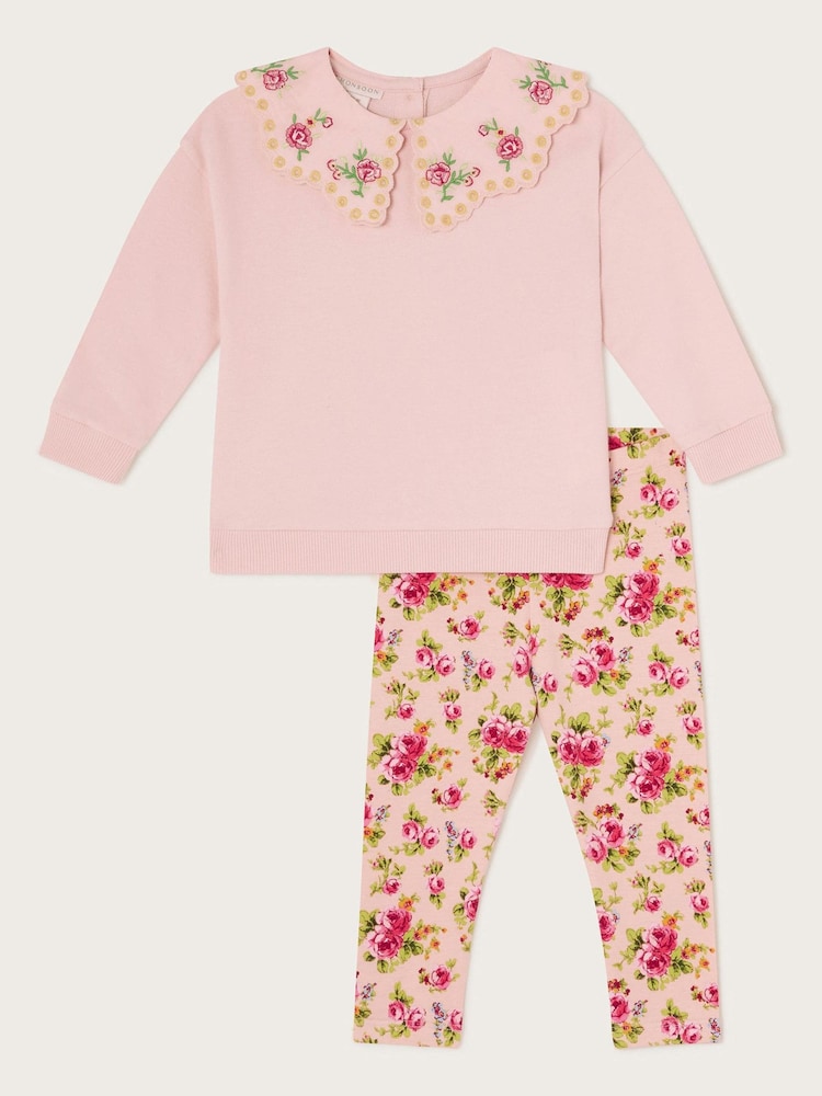 Monsoon Natural Baby Rosanna Floral Print Collar Sweatshirt and Leggings Set - Image 1 of 3