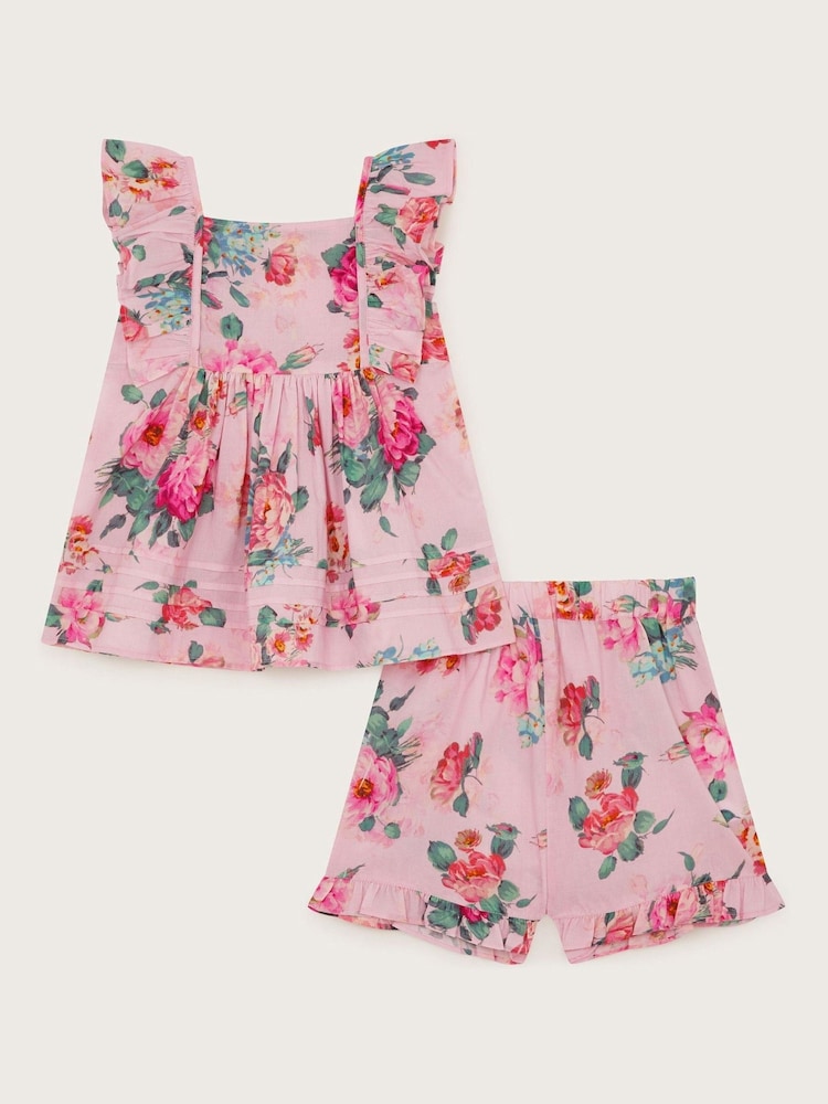 Monsoon Pink Baby Vintage Floral Pink 100% Cotton Top and Shorts Set - Image 1 of 3