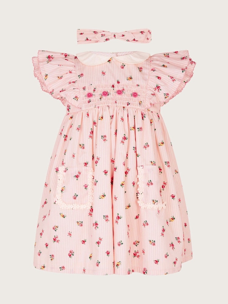 Monsoon Natural Baby Floral Print Stripe Dress and Headband Set - Image 1 of 3