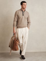 Reiss Taupe Brown Hale Leather-Placket Interlock Sweatshirt - Image 1 of 6