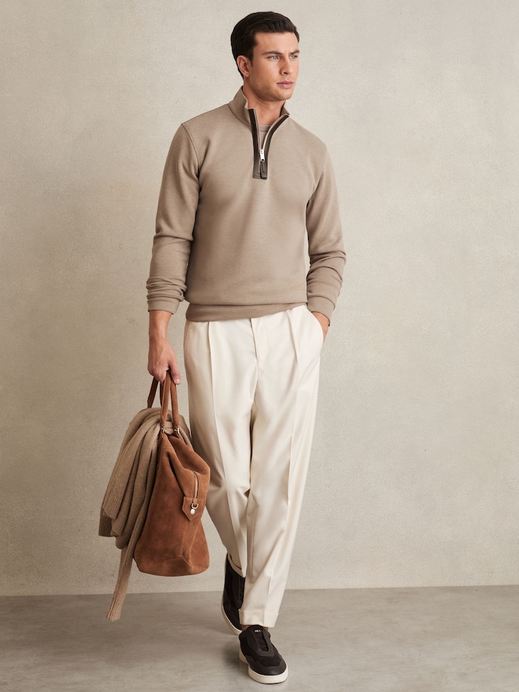 Reiss Taupe Brown Hale Leather-Placket Interlock Sweatshirt - Image 1 of 6