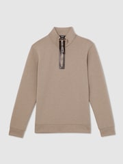 Reiss Taupe Brown Hale Leather-Placket Interlock Sweatshirt - Image 2 of 6