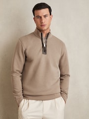 Reiss Taupe Brown Hale Leather-Placket Interlock Sweatshirt - Image 3 of 6
