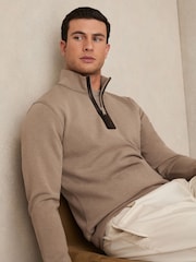 Reiss Taupe Brown Hale Leather-Placket Interlock Sweatshirt - Image 4 of 6