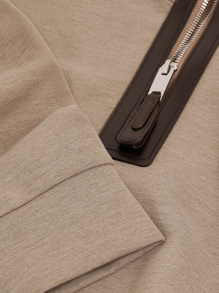 Reiss Taupe Brown Hale Leather-Placket Interlock Sweatshirt - Image 6 of 6