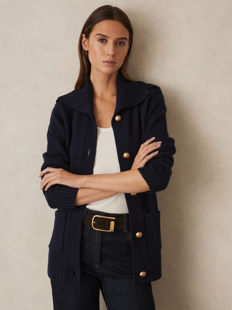Reiss Navy Cat Wool-Cashmere Spread Collar Cardigan - Image 1 of 7
