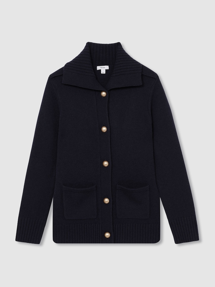 Reiss Navy Cat Wool-Cashmere Spread Collar Cardigan - Image 2 of 7