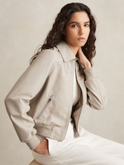 Reiss Grey Jasmine Leather Bomber Jacket - Image 1 of 7