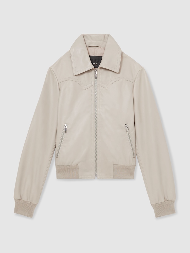 Reiss Grey Jasmine Leather Bomber Jacket - Image 2 of 7