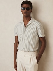 Reiss White/Soft Blue Tower Textured-Stripe Cuban-Collar Shirt - Image 1 of 6