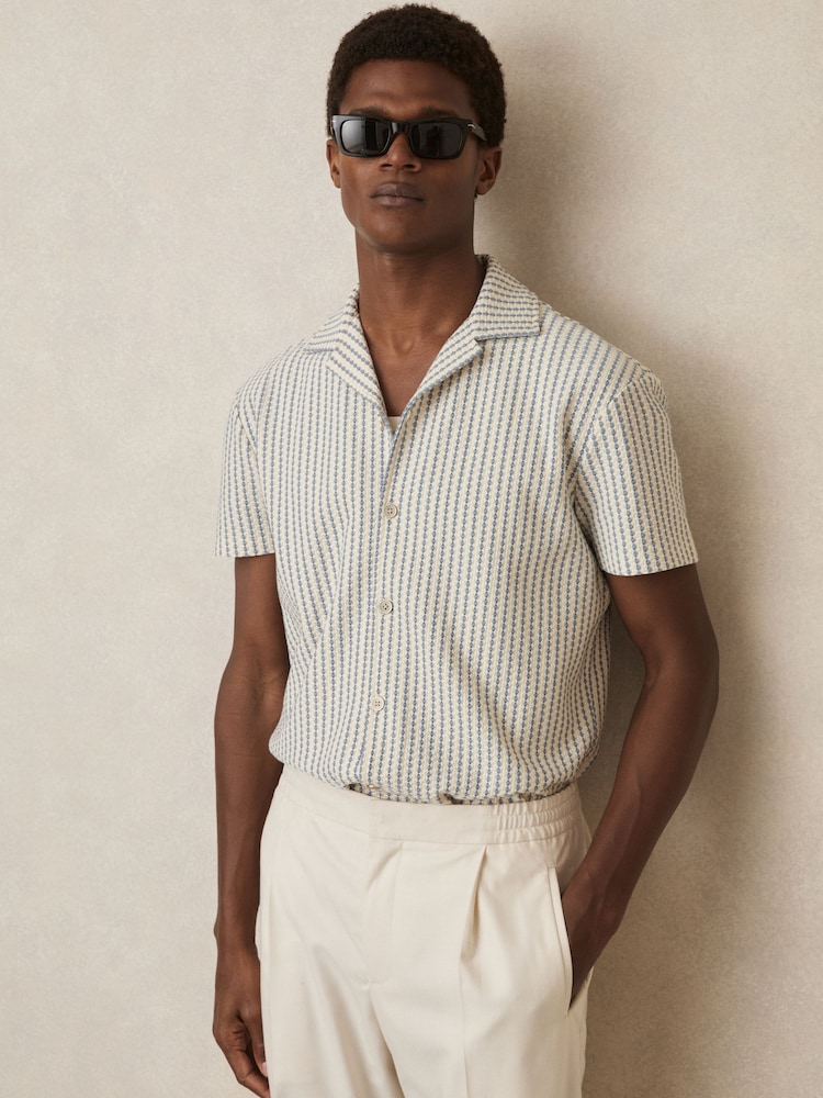 Reiss White/Soft Blue Tower Textured-Stripe Cuban-Collar Shirt - Image 1 of 6