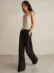 Reiss Chocolate Brown Remi Petite Elasticated Side Stripe Wide Leg Trousers - Image 1 of 7