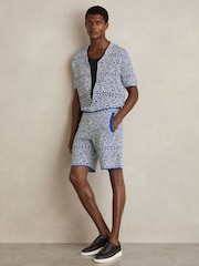 Reiss Blue/White Redhill Tile Pattern Knit Shorts - Image 1 of 5