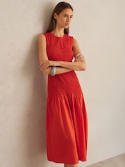 Reiss Red Annabel Cotton Shirred Midi Dress - Image 1 of 6