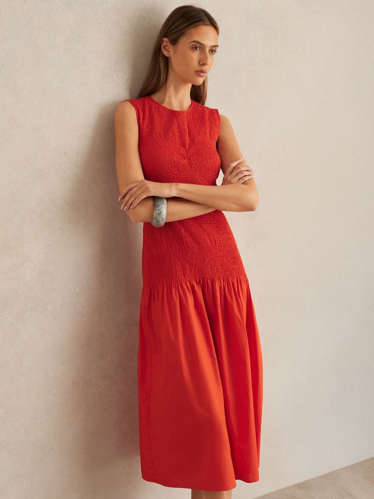 Reiss Red Annabel Cotton Shirred Midi Dress - Image 1 of 6