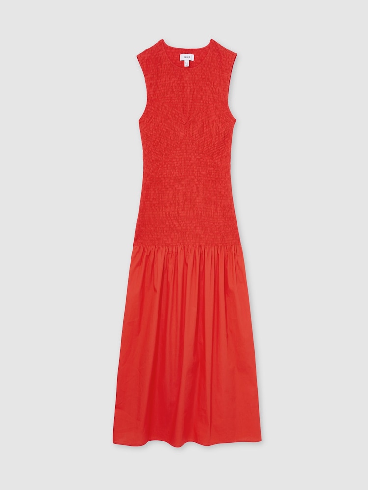 Reiss Red Annabel Cotton Shirred Midi Dress - Image 2 of 6