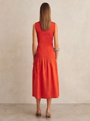 Reiss Red Annabel Cotton Shirred Midi Dress - Image 4 of 6
