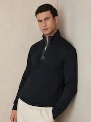 Reiss Navy Blue Hale Leather-Placket Interlock Sweatshirt - Image 1 of 5