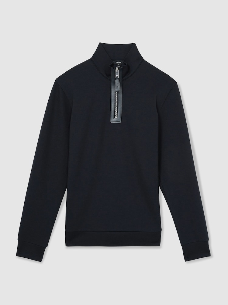 Reiss Navy Blue Hale Leather-Placket Interlock Sweatshirt - Image 2 of 5