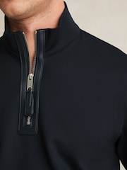Reiss Navy Blue Hale Leather-Placket Interlock Sweatshirt - Image 3 of 5
