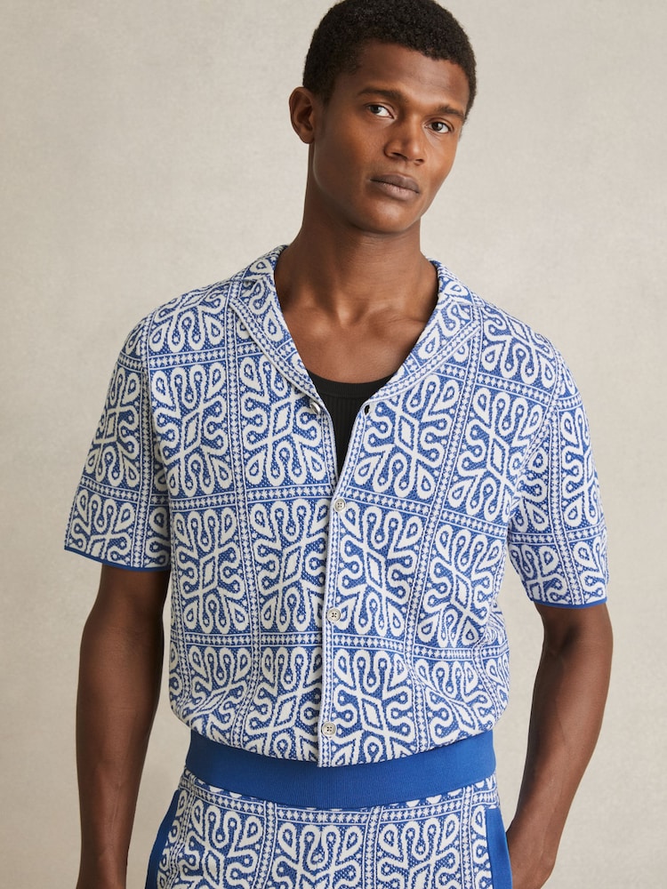 Reiss Blue/White River Tile Pattern Knit Shirt - Image 1 of 6
