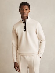 Reiss Off White Hale Leather-Placket Interlock Sweatshirt - Image 1 of 5