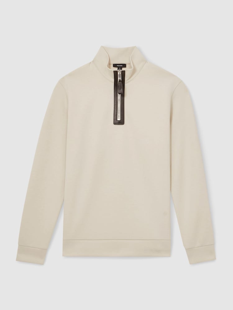 Reiss Off White Hale Leather-Placket Interlock Sweatshirt - Image 2 of 5