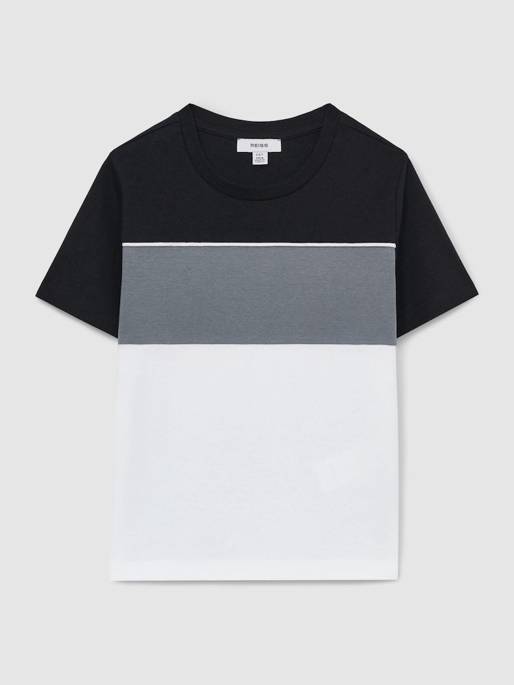 Reiss Airforce Blue Multi Cole 13-14 yrs Cotton Colour-Block Piped T-Shirt - Image 1 of 4