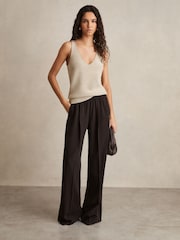 Reiss Chocolate Brown Remi Elasticated Side Stripe Wide Leg Trousers - Image 1 of 6