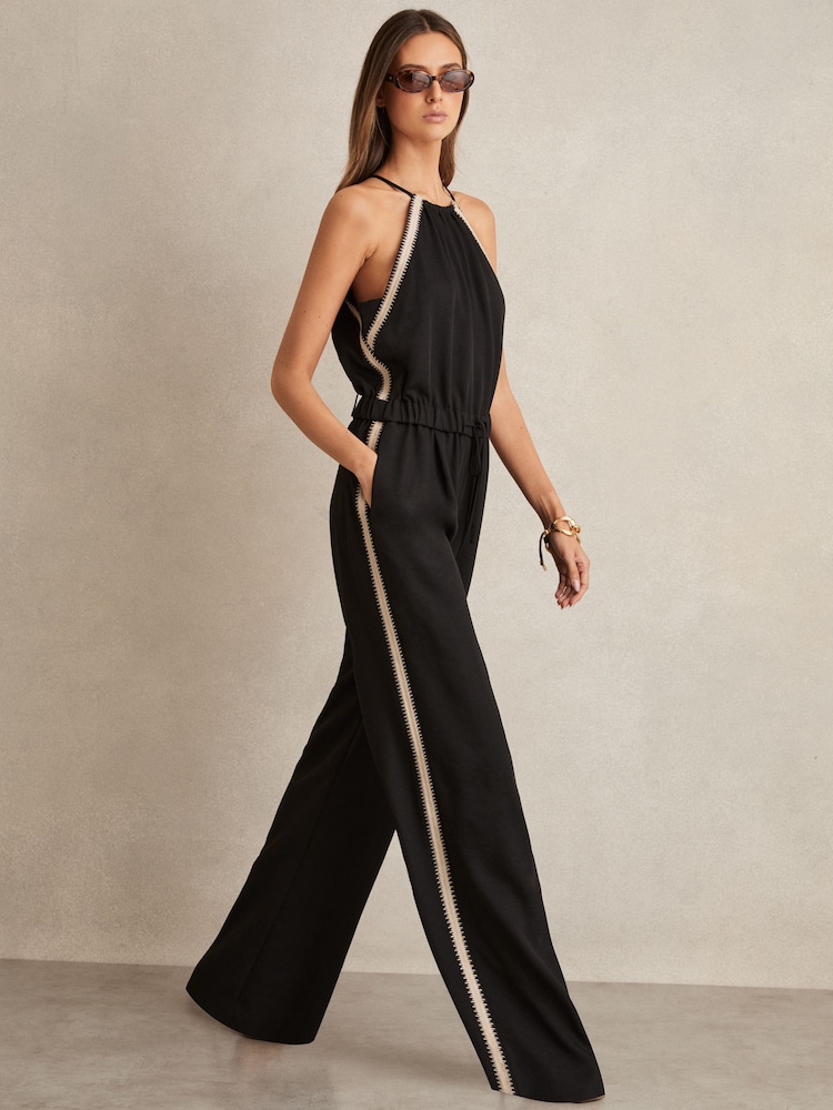 Reiss Black Auden Halterneck Craft Stitch Jumpsuit - Image 1 of 6